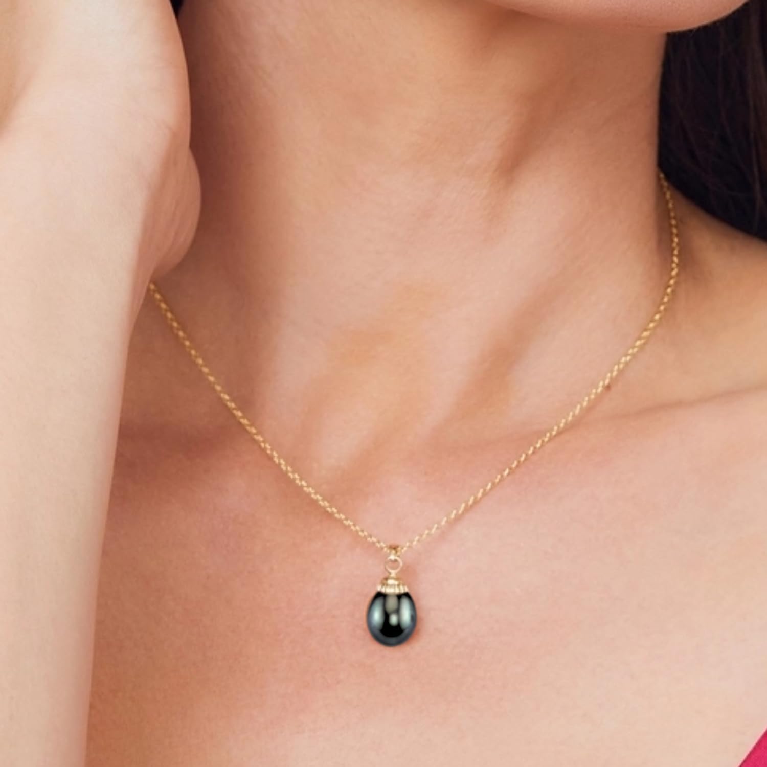 The Pearl Source 14K Gold 10-11mm Drop-Shape Black Tahitian South Sea Cultured Pearl Devon Pendant Necklace for Women Yellow Gold 10-11mm