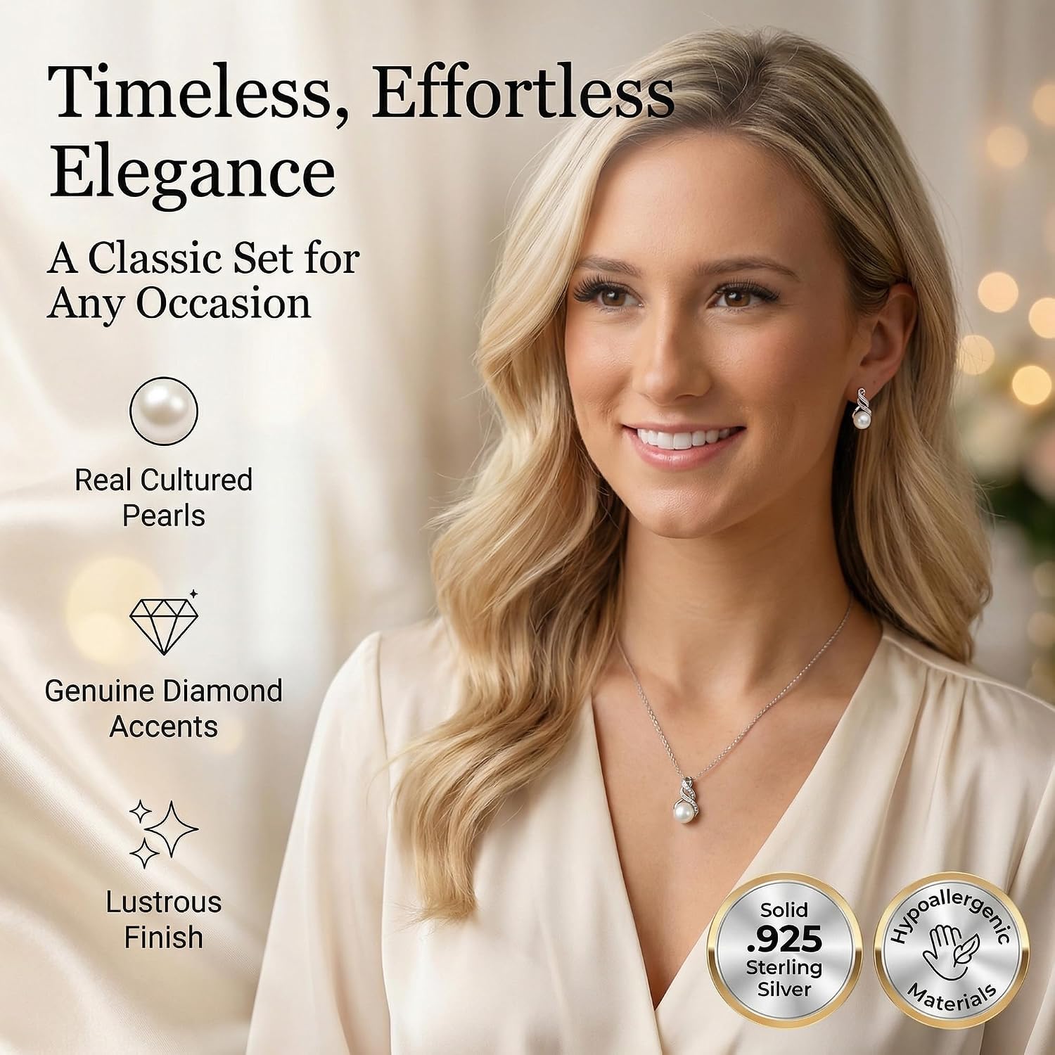 Real Diamond Sterling Silver Pearl Necklace and Earring Set | Hypoallergenic Real Cultured